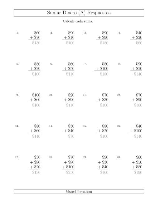 La hoja de ejercicios de Sumar Pesos Mexicanos con Cantidades hasta $100 con Incrementos de $10 (A) Página 2