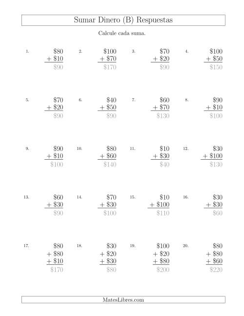 La hoja de ejercicios de Sumar Pesos Mexicanos con Cantidades hasta $100 con Incrementos de $10 (B) Página 2