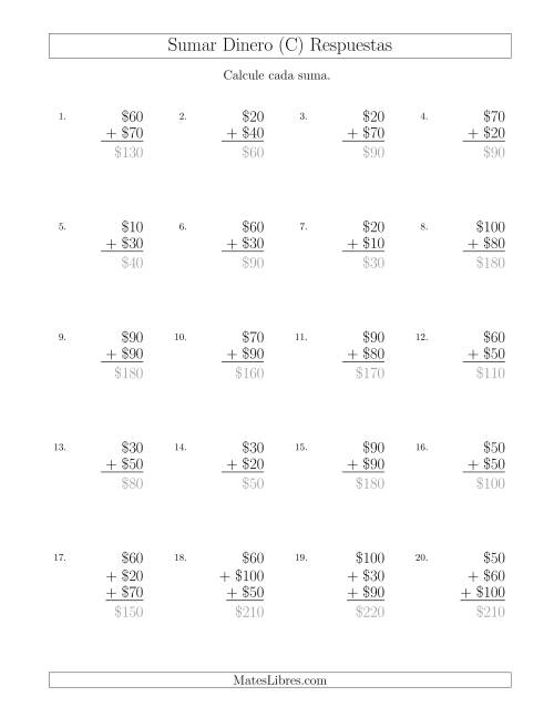 La hoja de ejercicios de Sumar Pesos Mexicanos con Cantidades hasta $100 con Incrementos de $10 (C) Página 2