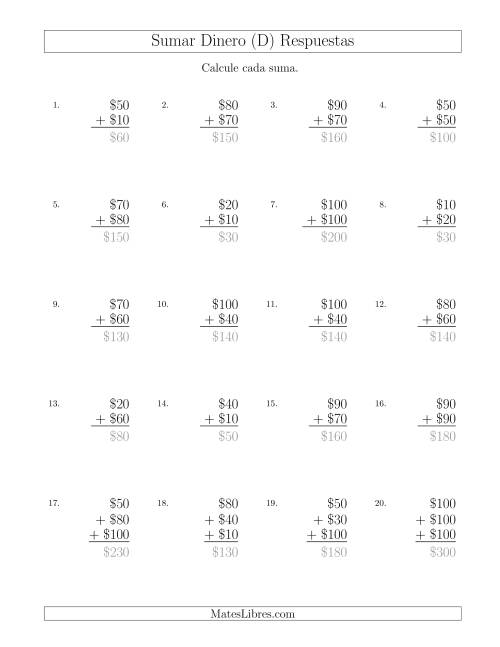 La hoja de ejercicios de Sumar Pesos Mexicanos con Cantidades hasta $100 con Incrementos de $10 (D) Página 2