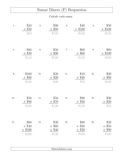 La hoja de ejercicios de Sumar Pesos Mexicanos con Cantidades hasta $100 con Incrementos de $10 (F) Página 2