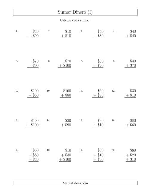La hoja de ejercicios de Sumar Pesos Mexicanos con Cantidades hasta $100 con Incrementos de $10 (I)