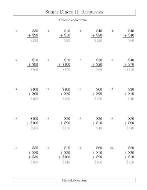 La hoja de ejercicios de Sumar Pesos Mexicanos con Cantidades hasta $100 con Incrementos de $10 (I) Página 2