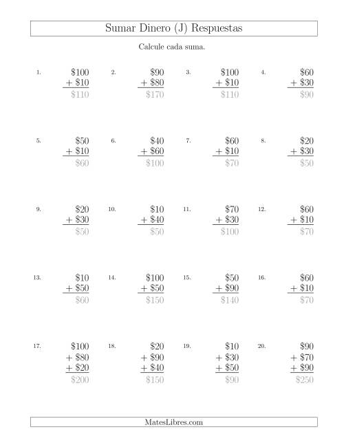 La hoja de ejercicios de Sumar Pesos Mexicanos con Cantidades hasta $100 con Incrementos de $10 (J) Página 2