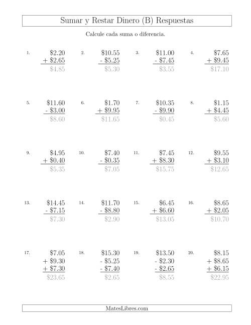 La hoja de ejercicios de Sumar y Restar Dólares con Cantidades hasta $10 con Incrementos de 5 Centavos (B) Página 2