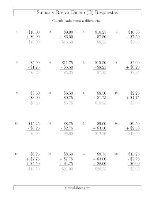 La hoja de ejercicios de Sumar y Restar Dólares con Cantidades hasta $10 con Incrementos de 25 Centavos (B) Página 2