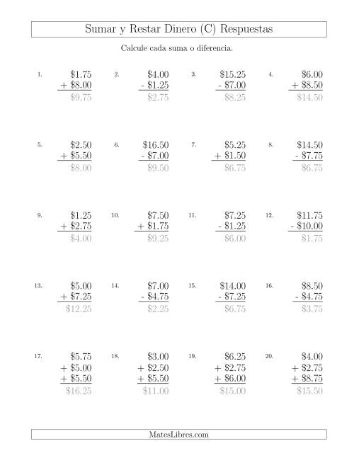 La hoja de ejercicios de Sumar y Restar Dólares con Cantidades hasta $10 con Incrementos de 25 Centavos (C) Página 2