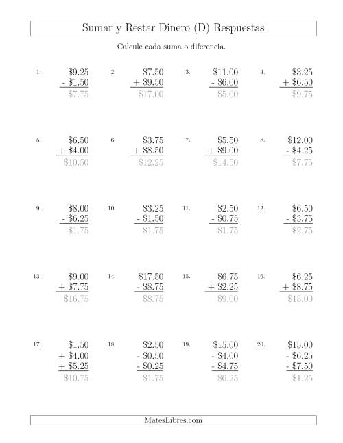 La hoja de ejercicios de Sumar y Restar Dólares con Cantidades hasta $10 con Incrementos de 25 Centavos (D) Página 2