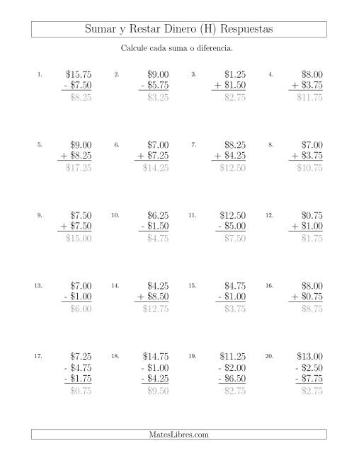 La hoja de ejercicios de Sumar y Restar Dólares con Cantidades hasta $10 con Incrementos de 25 Centavos (H) Página 2