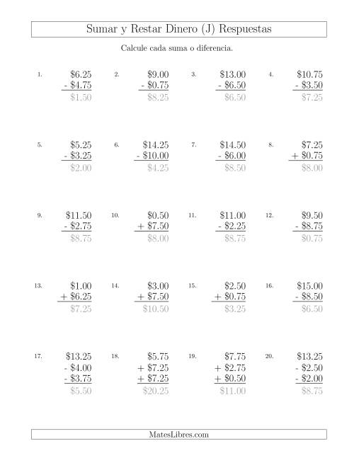 La hoja de ejercicios de Sumar y Restar Dólares con Cantidades hasta $10 con Incrementos de 25 Centavos (J) Página 2