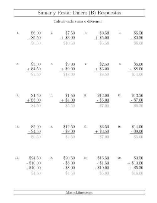 La hoja de ejercicios de Sumar y Restar Dólares con Cantidades hasta $10 con Incrementos de 50 Centavos (B) Página 2