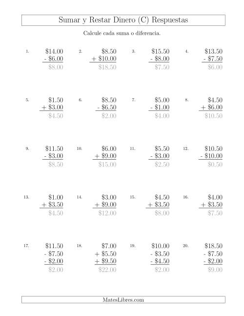 La hoja de ejercicios de Sumar y Restar Dólares con Cantidades hasta $10 con Incrementos de 50 Centavos (C) Página 2