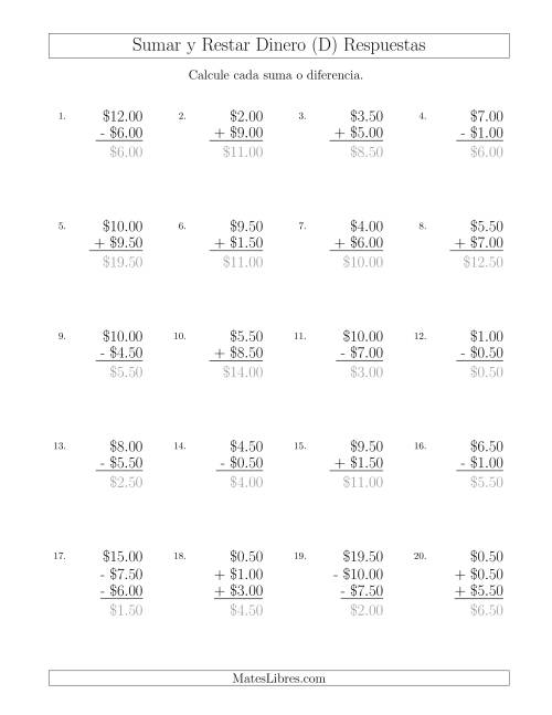 La hoja de ejercicios de Sumar y Restar Dólares con Cantidades hasta $10 con Incrementos de 50 Centavos (D) Página 2