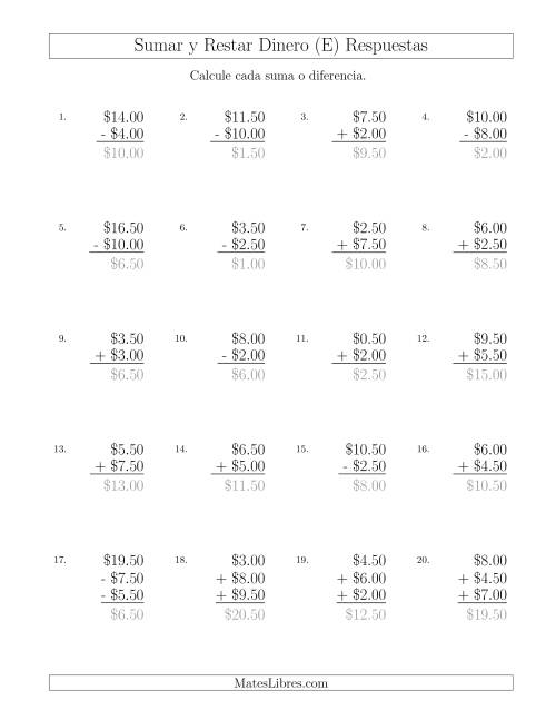 La hoja de ejercicios de Sumar y Restar Dólares con Cantidades hasta $10 con Incrementos de 50 Centavos (E) Página 2