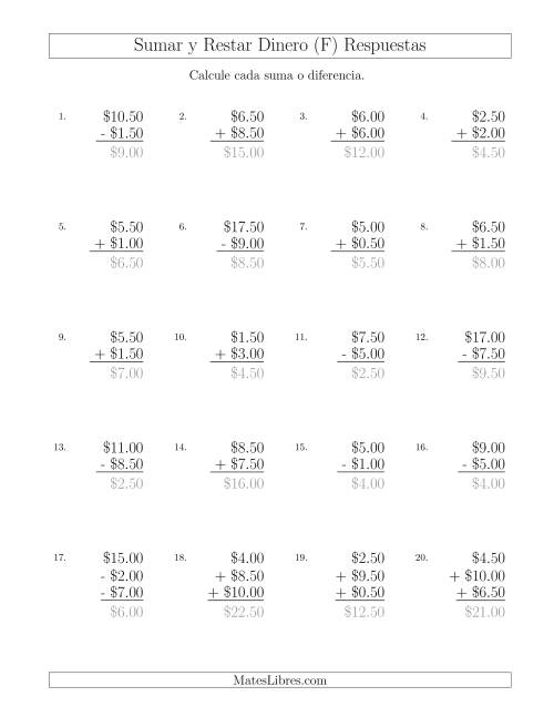 La hoja de ejercicios de Sumar y Restar Dólares con Cantidades hasta $10 con Incrementos de 50 Centavos (F) Página 2