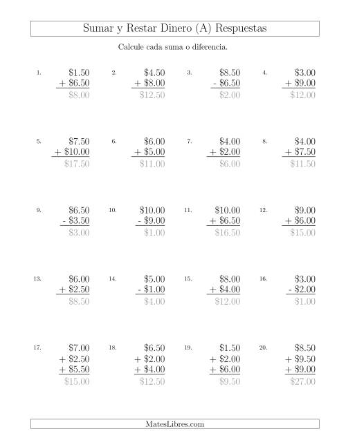 La hoja de ejercicios de Sumar y Restar Dólares con Cantidades hasta $10 con Incrementos de 50 Centavos (Todas) Página 2