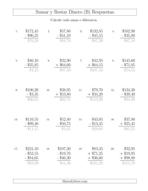 La hoja de ejercicios de Sumar y Restar Pesos Mexicanos con Cantidades hasta $100 con Incrementos de 5 Centavos (B) Página 2
