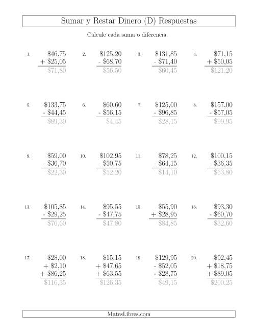 La hoja de ejercicios de Sumar y Restar Pesos Mexicanos con Cantidades hasta $100 con Incrementos de 5 Centavos (D) Página 2