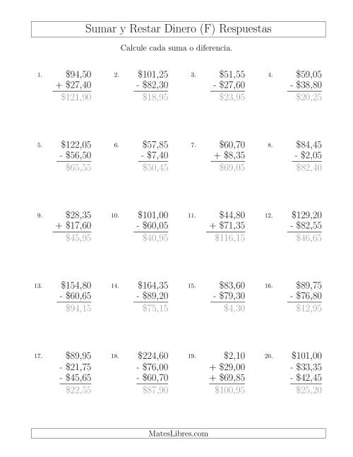 La hoja de ejercicios de Sumar y Restar Pesos Mexicanos con Cantidades hasta $100 con Incrementos de 5 Centavos (F) Página 2