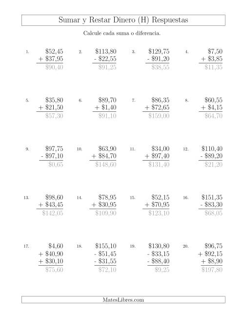 La hoja de ejercicios de Sumar y Restar Pesos Mexicanos con Cantidades hasta $100 con Incrementos de 5 Centavos (H) Página 2