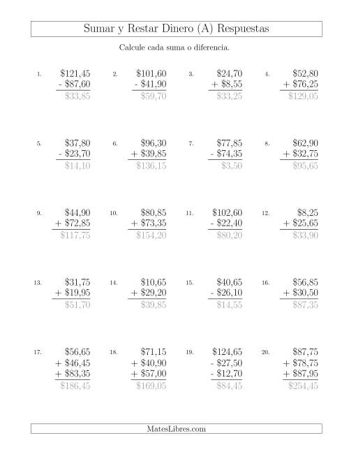 La hoja de ejercicios de Sumar y Restar Pesos Mexicanos con Cantidades hasta $100 con Incrementos de 5 Centavos (Todas) Página 2