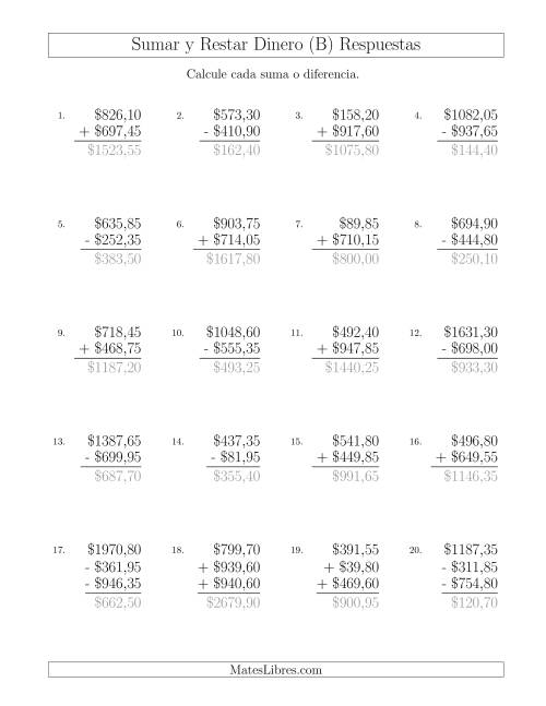La hoja de ejercicios de Sumar y Restar Pesos Mexicanos con Cantidades hasta $1000 con Incrementos de 5 Centavos (B) Página 2