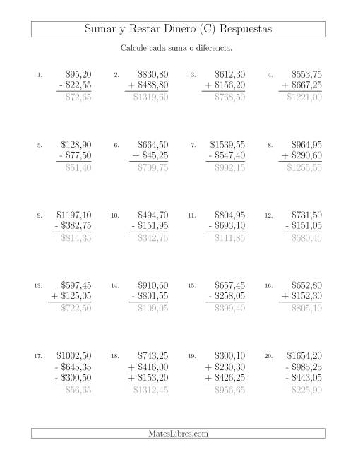 La hoja de ejercicios de Sumar y Restar Pesos Mexicanos con Cantidades hasta $1000 con Incrementos de 5 Centavos (C) Página 2