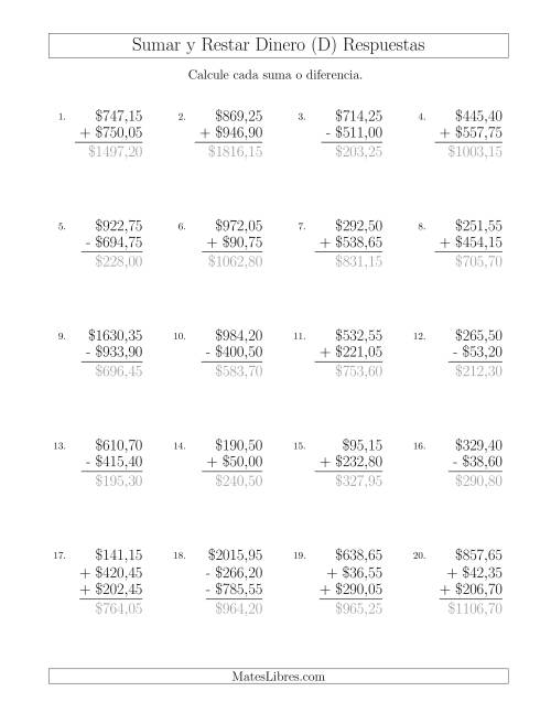La hoja de ejercicios de Sumar y Restar Pesos Mexicanos con Cantidades hasta $1000 con Incrementos de 5 Centavos (D) Página 2