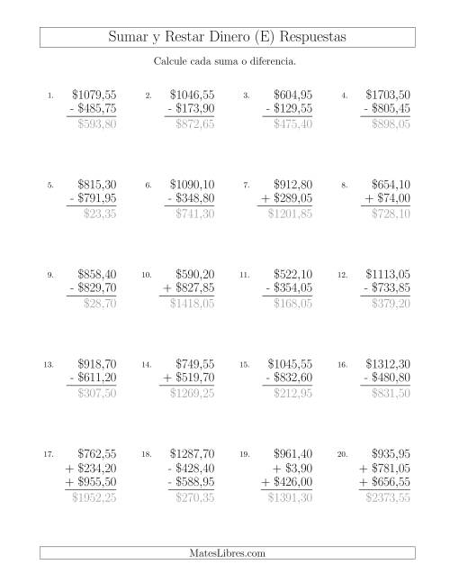 La hoja de ejercicios de Sumar y Restar Pesos Mexicanos con Cantidades hasta $1000 con Incrementos de 5 Centavos (E) Página 2