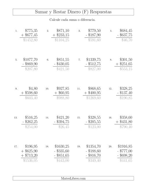 La hoja de ejercicios de Sumar y Restar Pesos Mexicanos con Cantidades hasta $1000 con Incrementos de 5 Centavos (F) Página 2