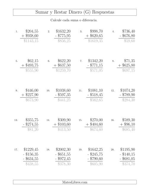 La hoja de ejercicios de Sumar y Restar Pesos Mexicanos con Cantidades hasta $1000 con Incrementos de 5 Centavos (G) Página 2