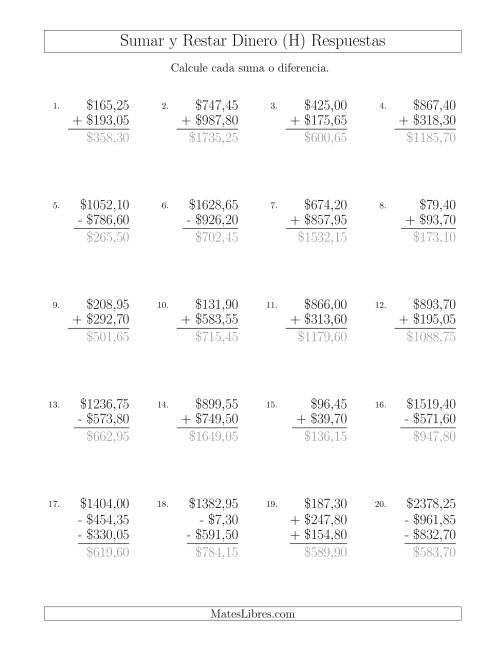 La hoja de ejercicios de Sumar y Restar Pesos Mexicanos con Cantidades hasta $1000 con Incrementos de 5 Centavos (H) Página 2