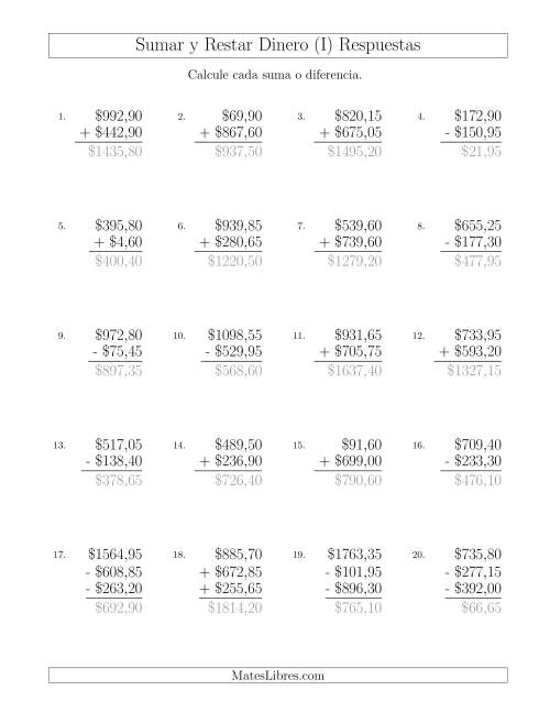 La hoja de ejercicios de Sumar y Restar Pesos Mexicanos con Cantidades hasta $1000 con Incrementos de 5 Centavos (I) Página 2