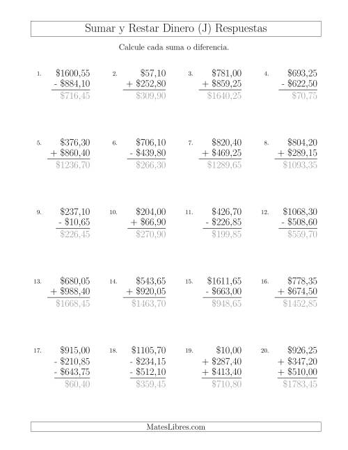 La hoja de ejercicios de Sumar y Restar Pesos Mexicanos con Cantidades hasta $1000 con Incrementos de 5 Centavos (J) Página 2