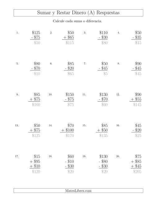 La hoja de ejercicios de Sumar y Restar Pesos Mexicanos con Cantidades hasta $100 con Incrementos de $5 (A) Página 2