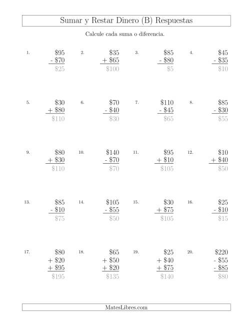 La hoja de ejercicios de Sumar y Restar Pesos Mexicanos con Cantidades hasta $100 con Incrementos de $5 (B) Página 2