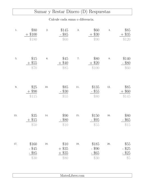 La hoja de ejercicios de Sumar y Restar Pesos Mexicanos con Cantidades hasta $100 con Incrementos de $5 (D) Página 2