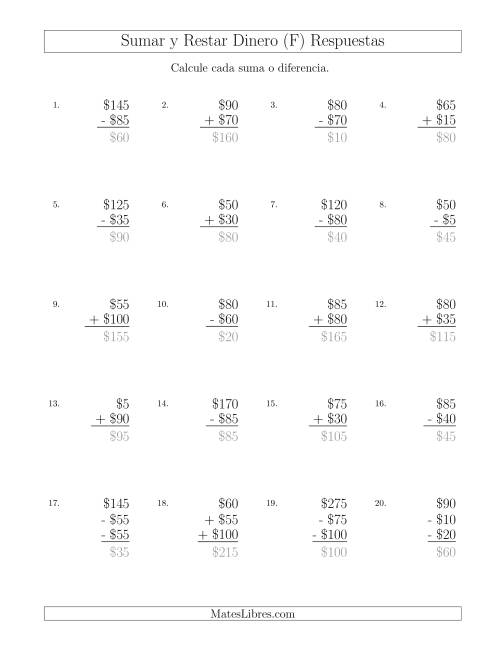 La hoja de ejercicios de Sumar y Restar Pesos Mexicanos con Cantidades hasta $100 con Incrementos de $5 (F) Página 2
