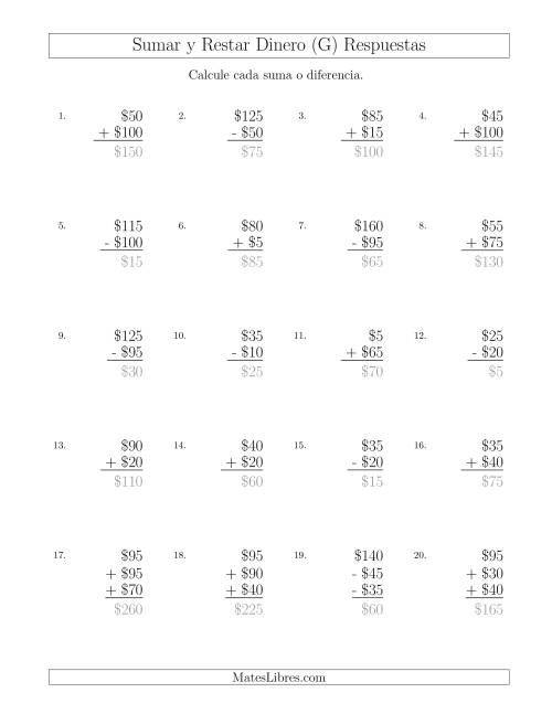 La hoja de ejercicios de Sumar y Restar Pesos Mexicanos con Cantidades hasta $100 con Incrementos de $5 (G) Página 2