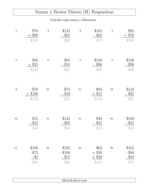 La hoja de ejercicios de Sumar y Restar Pesos Mexicanos con Cantidades hasta $100 con Incrementos de $5 (H) Página 2