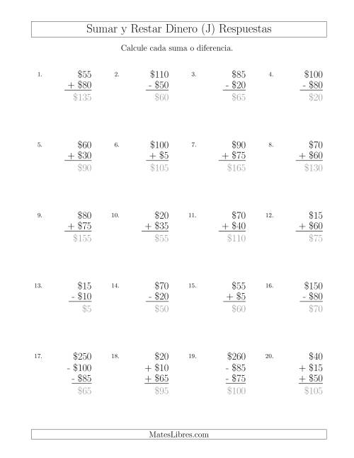 La hoja de ejercicios de Sumar y Restar Pesos Mexicanos con Cantidades hasta $100 con Incrementos de $5 (J) Página 2