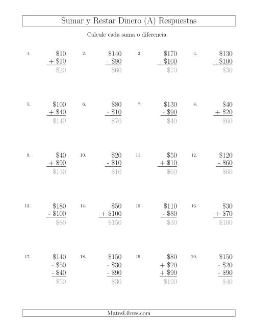 La hoja de ejercicios de Sumar y Restar Pesos Mexicanos con Cantidades hasta $100 con Incrementos de $10 (A) Página 2