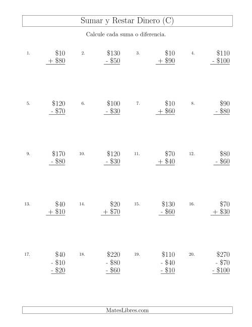 La hoja de ejercicios de Sumar y Restar Pesos Mexicanos con Cantidades hasta $100 con Incrementos de $10 (C)