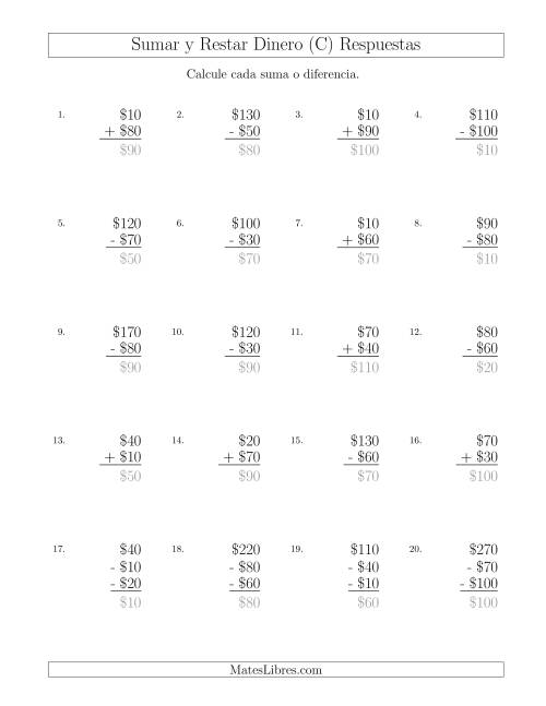 La hoja de ejercicios de Sumar y Restar Pesos Mexicanos con Cantidades hasta $100 con Incrementos de $10 (C) Página 2