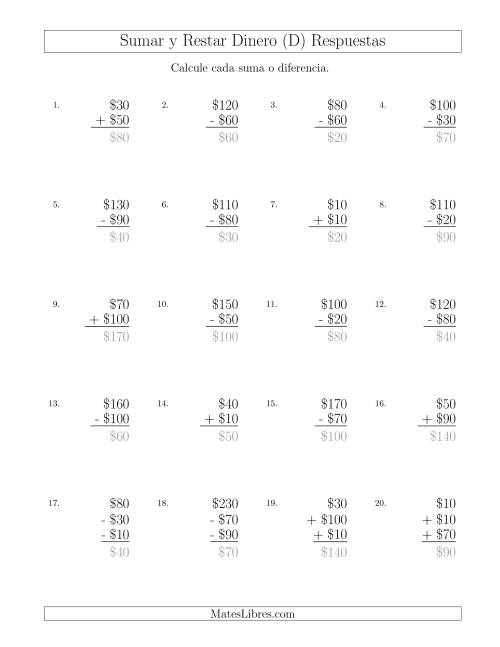 La hoja de ejercicios de Sumar y Restar Pesos Mexicanos con Cantidades hasta $100 con Incrementos de $10 (D) Página 2