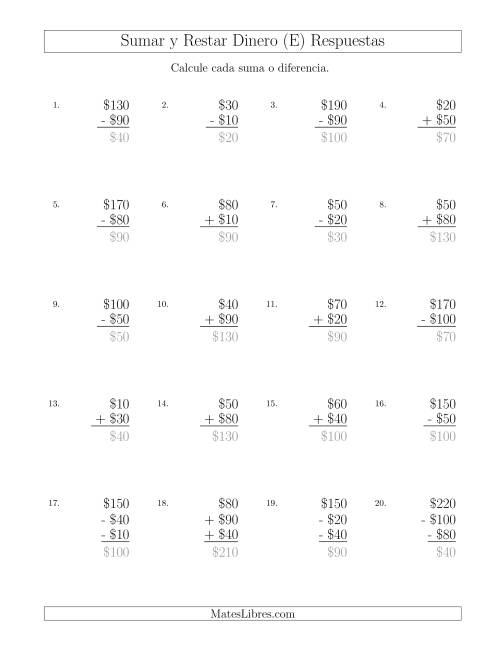 La hoja de ejercicios de Sumar y Restar Pesos Mexicanos con Cantidades hasta $100 con Incrementos de $10 (E) Página 2