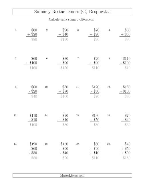 La hoja de ejercicios de Sumar y Restar Pesos Mexicanos con Cantidades hasta $100 con Incrementos de $10 (G) Página 2