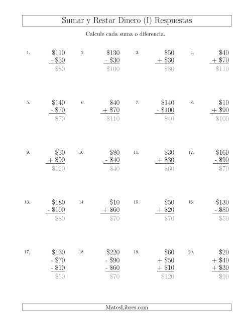 La hoja de ejercicios de Sumar y Restar Pesos Mexicanos con Cantidades hasta $100 con Incrementos de $10 (I) Página 2