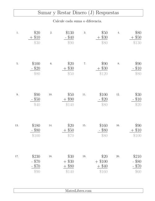 La hoja de ejercicios de Sumar y Restar Pesos Mexicanos con Cantidades hasta $100 con Incrementos de $10 (J) Página 2