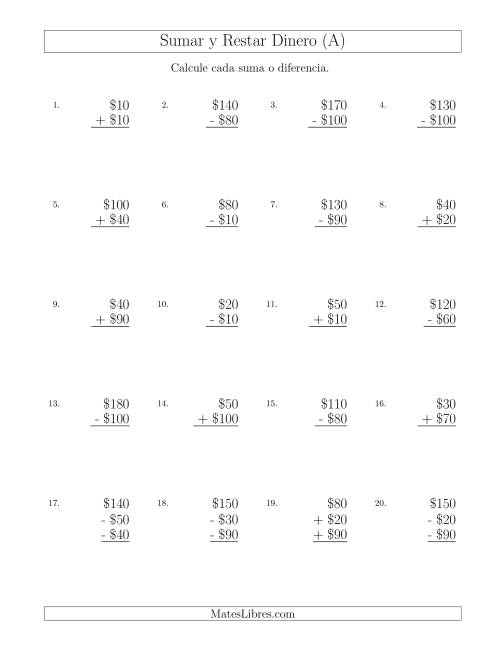 La hoja de ejercicios de Sumar y Restar Pesos Mexicanos con Cantidades hasta $100 con Incrementos de $10 (Todas)